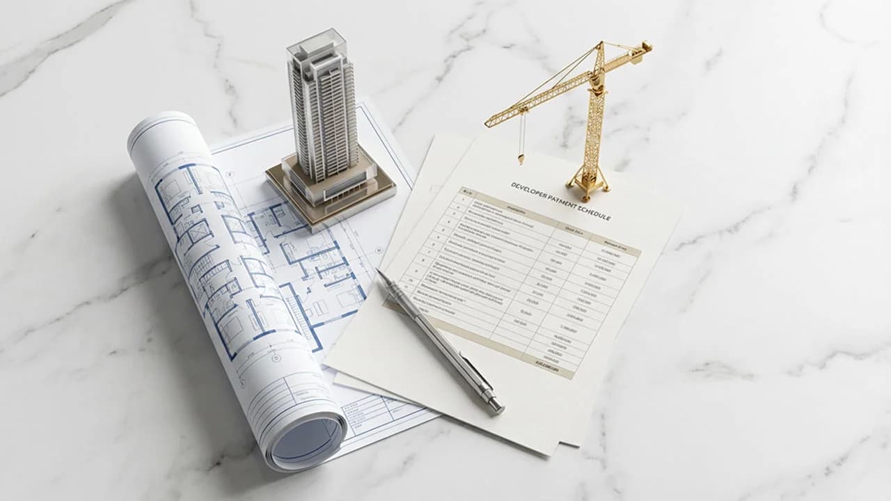 Dubai off-plan property development site and luxury residential towers under construction 2025